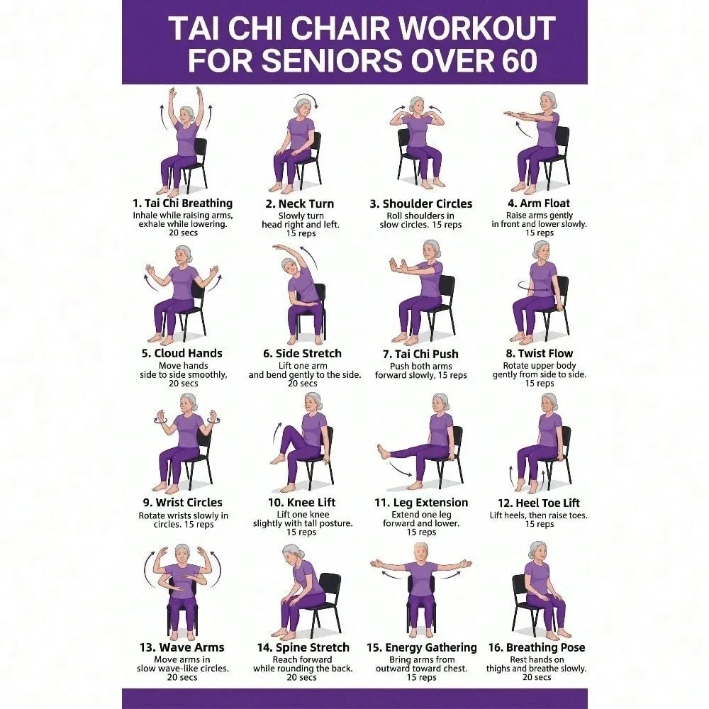 Tai Chi Chair Fitness Chart Canvas Print Poster Balance & Flexibility Instructional Art Prints for Grandparents Gifts Home Decor