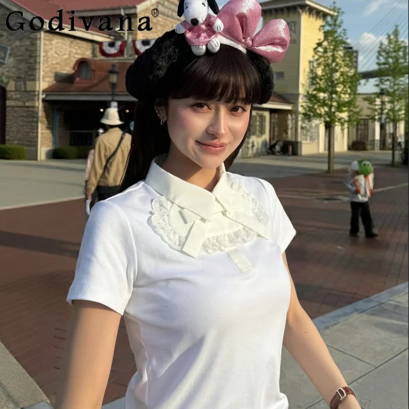 

2026 New Summer Sweet Lace Stitching Women's White T-shirt Japanese Style Fashion Casual Cute T-Shirts Office Lady Commuting Top