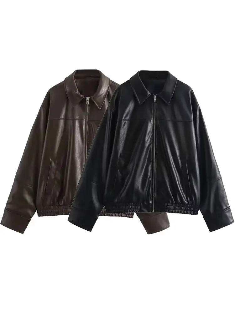 HH Vrouwelijke streetwear stijl jassen effen turn-down kraag lange mouwen zakken rits herfst jassen vrouw 2024 trendy 2 kleuren