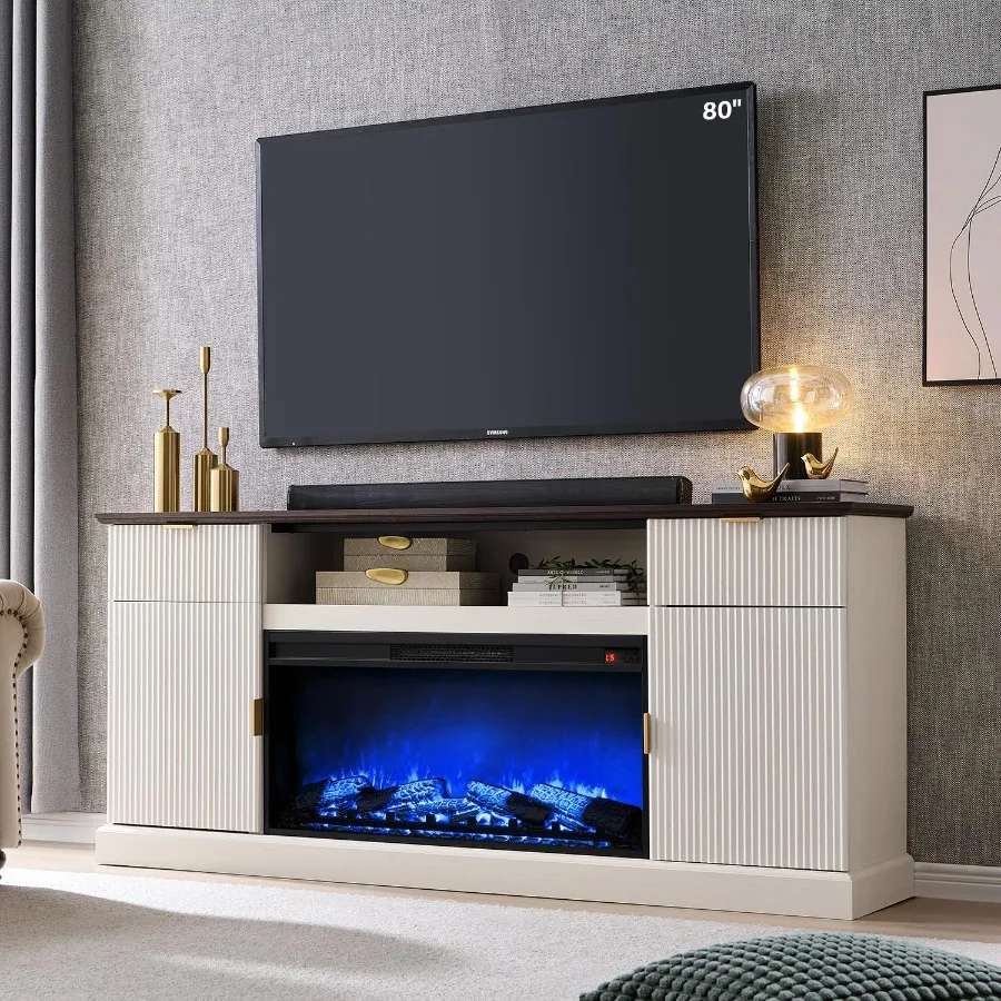

Modern Fluted Fireplace TV Stand with 36 Electric Fireplace Designed for 80 TVs 31 Tall Entertainment Center Featuring 2 Drawer