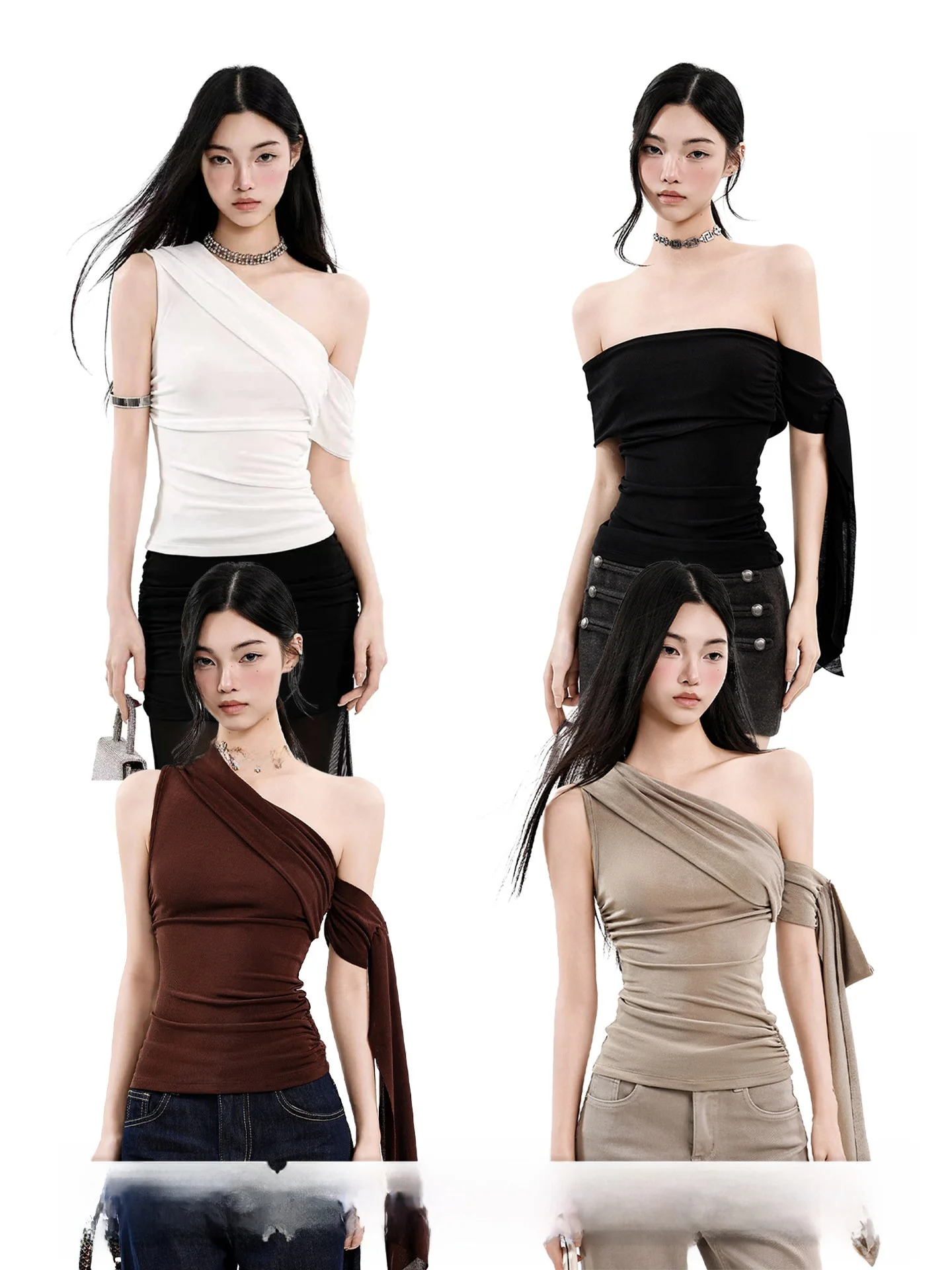 

White Strapless Asymmetrical Shoulder Short Sleeve T-Shirt Women Summer Spicy Girl Style Slim Fit Open Shoulder Top