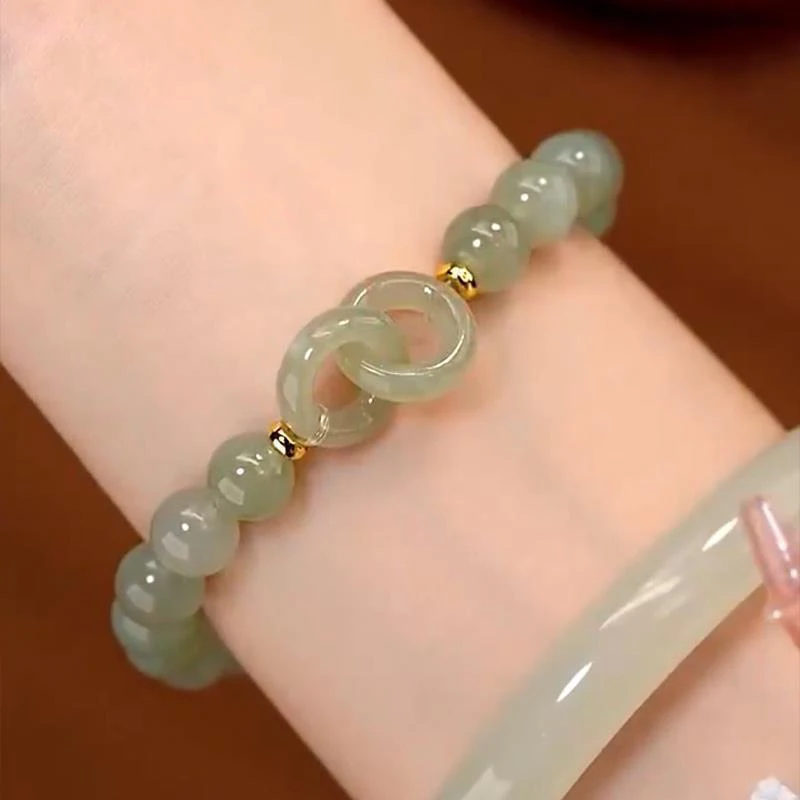 Fashion Double Ring Interlocking Hetian Jade Beaded Bracelet Female Ins Style Love Safety Buckle Bangle For Bestie Birthday Gift