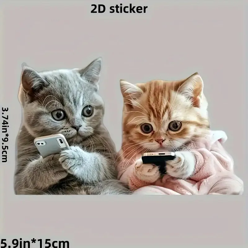 Cute Cat Couple with Tea Cup Vinyl Car Sticker, Waterproof Self-Adhesive Decal for Motorcycle, Laptop, Bumper, Wall, Semi-Matte