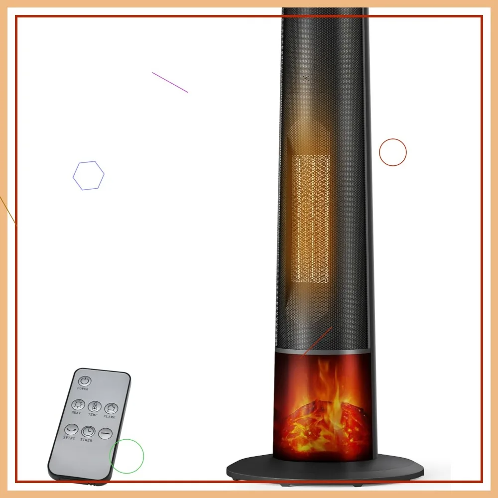 

25-дюймовый портативный обогреватель с 3D-эффектом пламени, пультом ДУ, регулируемым термостатом, 2 режимами нагрева, защитой от перегрева и таймером для больших помещений