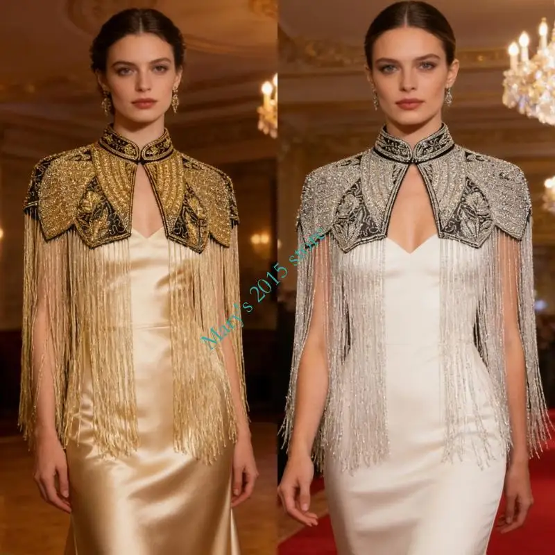 

Elegant Long Fringe Shawl Capelet With Hand Beaded Geometric Pattern Shoulder Wrap Scarf For Evening Parties And Formal Event