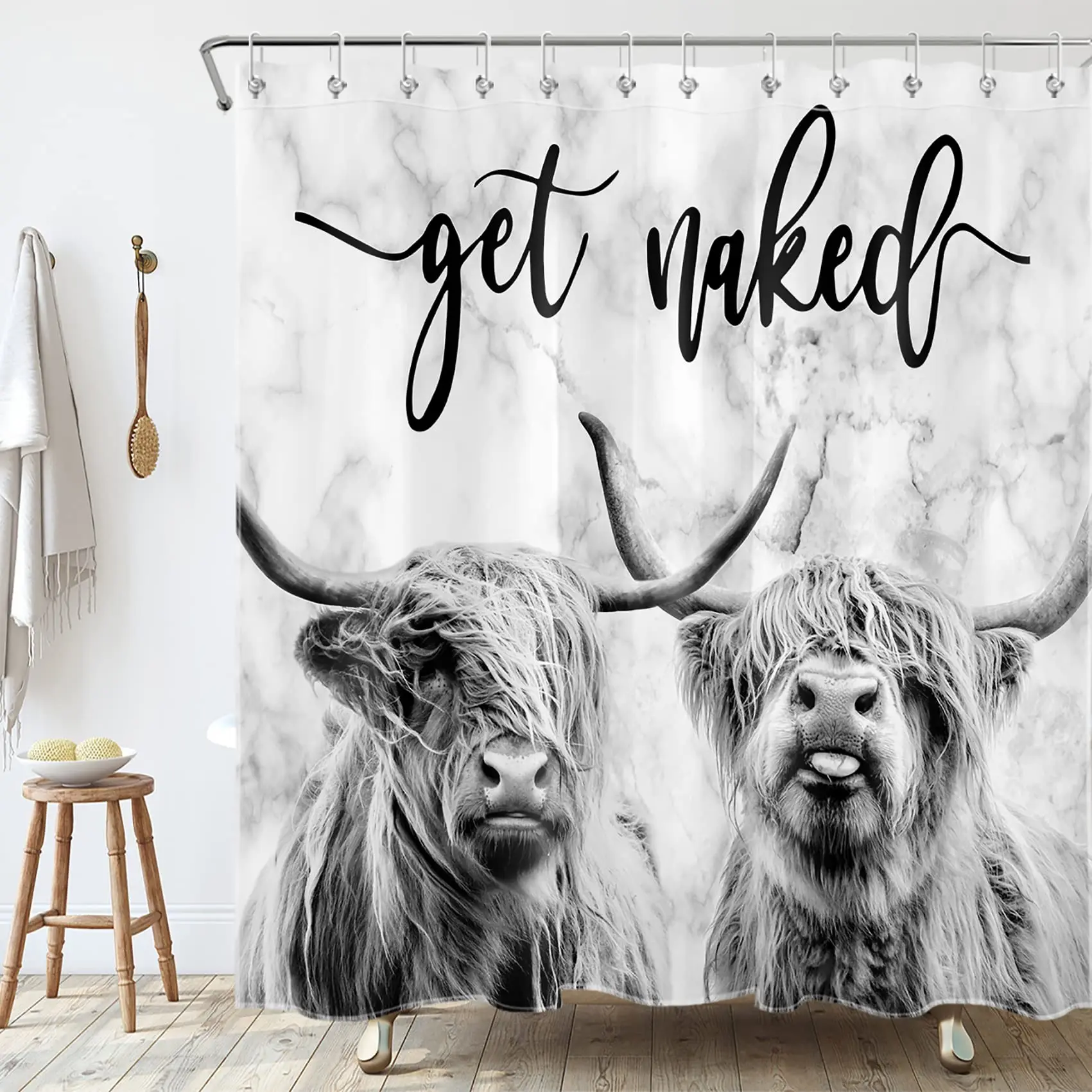 Get Naked Cow Shower Curtain Funny Rustic Wooden Farmhouse Highland Bull Western Animal Portrait Waterproof Bathroom Decor Set