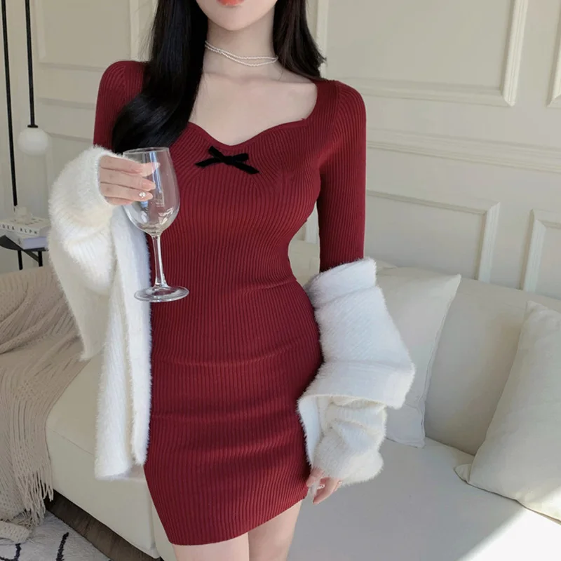 

Spicy Girls Sexy Fashion Knitted Dress for Women Christmas Red Knitted Skirt Autumn Winter Wrap Hip Skirt Party Vintage Dress