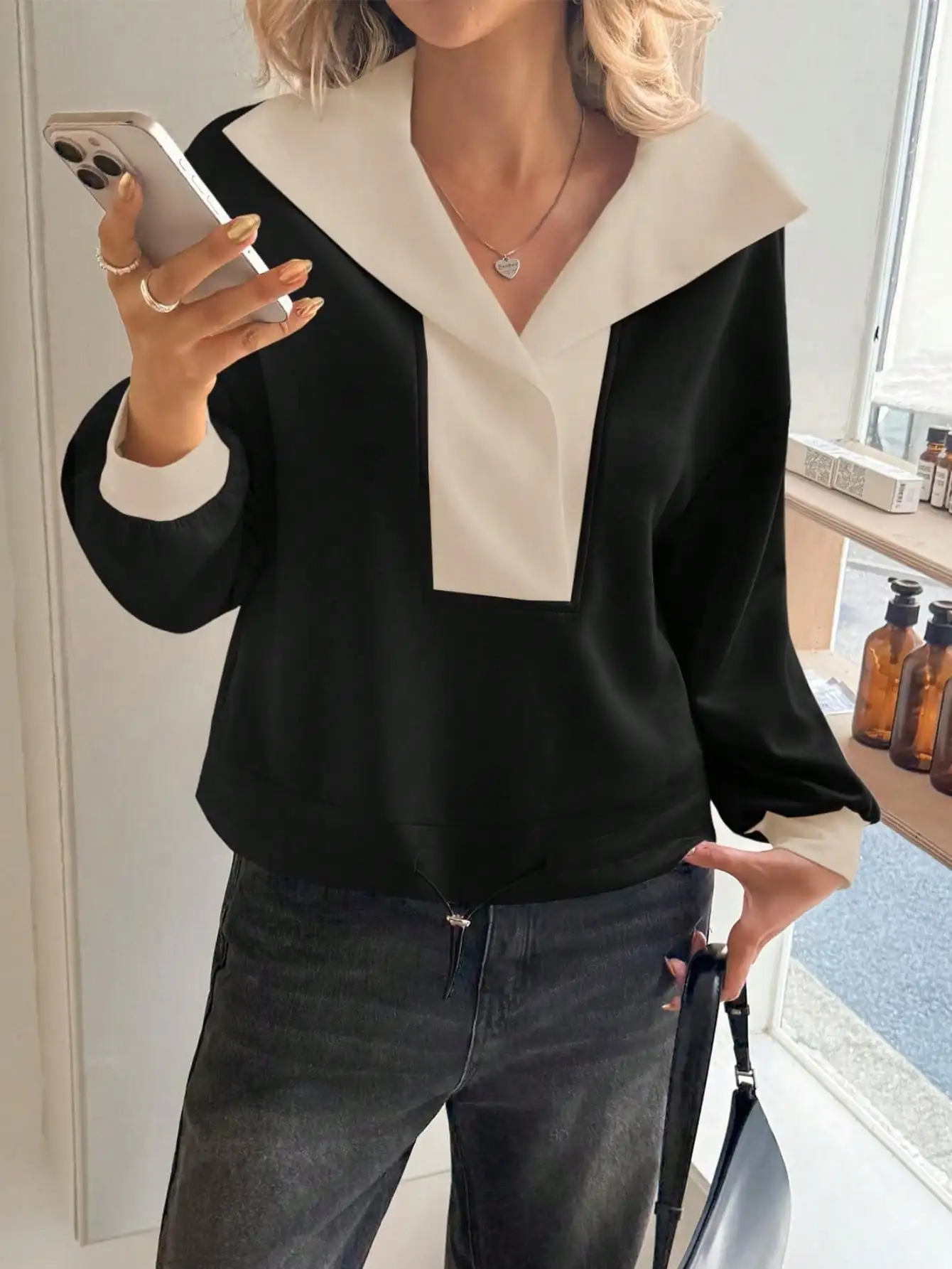 

Fisoew Women Cropped Sweatshirt V Neck Lapel Pullover Long Sleeve Slim Fit Casual Fall Top Loungewear