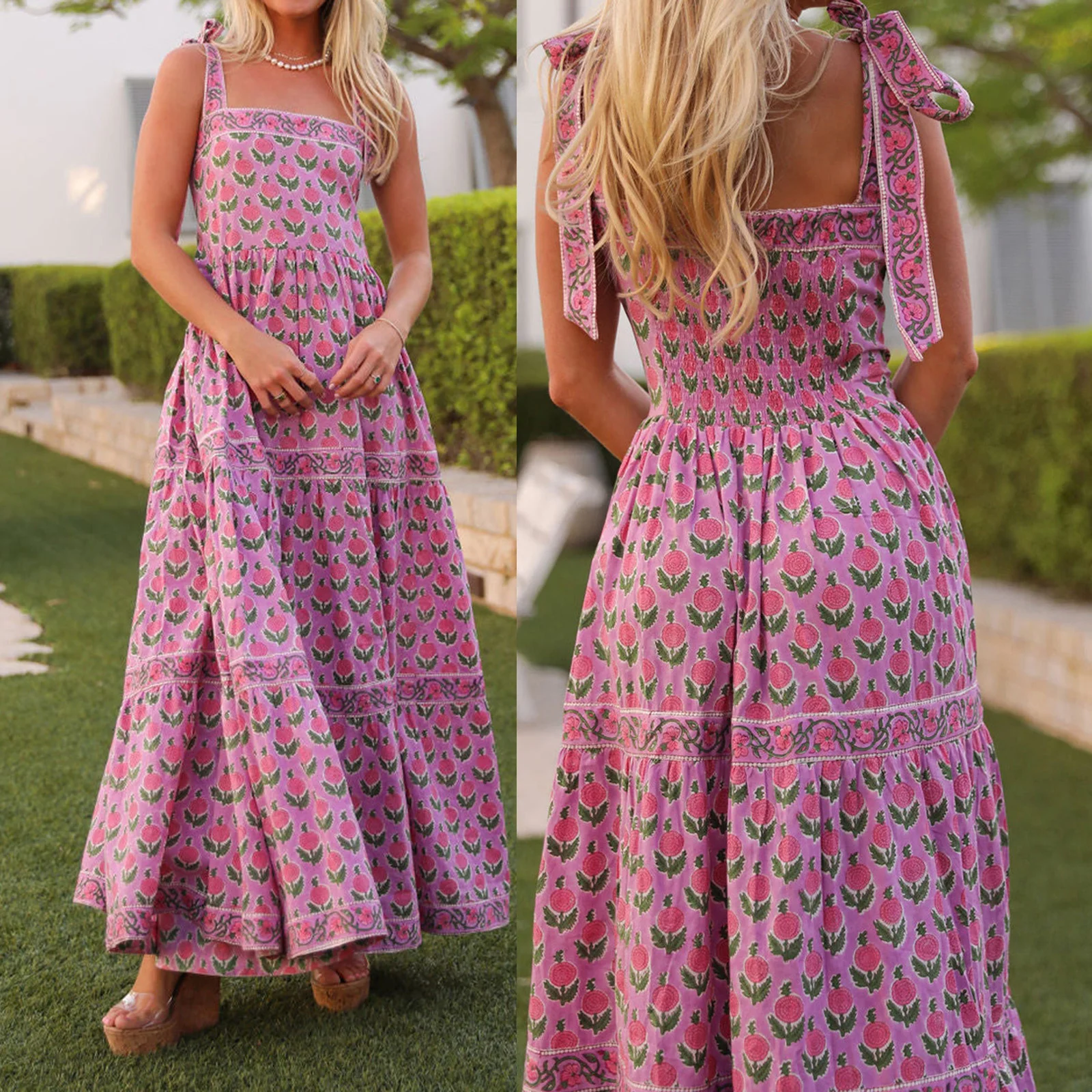 หวานผู้หญิงฤดูร้อนชุด Cami ยาวสีม่วงแขนกุดดอกไม้พิมพ์สปาเก็ตตี้ชุดคุณภาพระดับพรีเมียม Vestidos