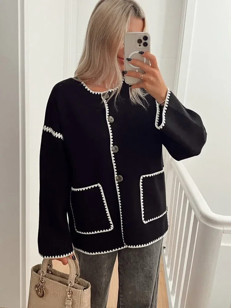 Women Round Neck Patchwork Coat Long Sleeve Single Breasted Pocket Jackets 2023 Autumn Fashion Female Streetwear Outwears