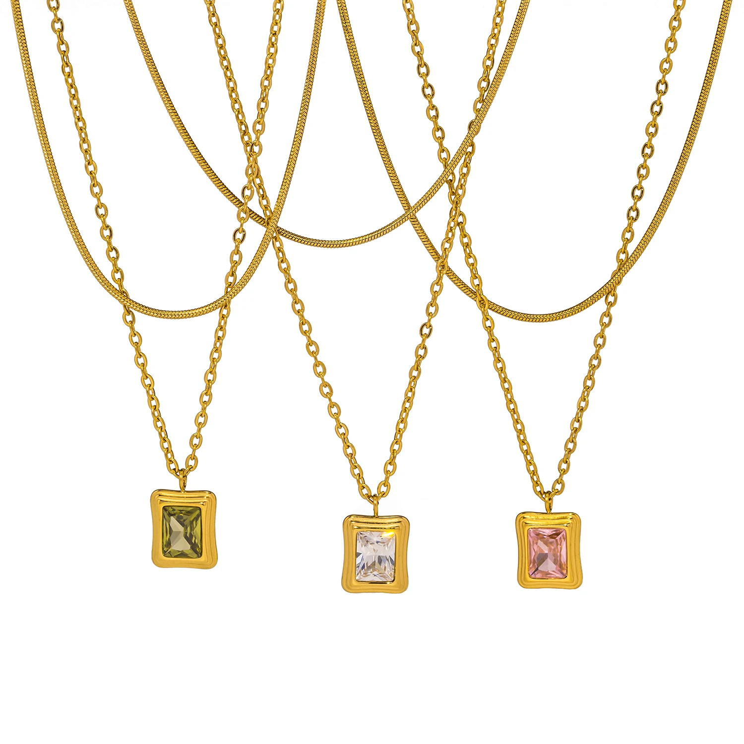 Trendy Green Pink White Zirconia Pendant Necklace for Women 316l Stainless Steel Cast Double-deck Chain Gold Color Jewelry