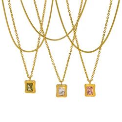 Trendy Green Pink White Zirconia Pendant Necklace for Women 316l Stainless Steel Cast Double-deck Chain Gold Color Jewelry