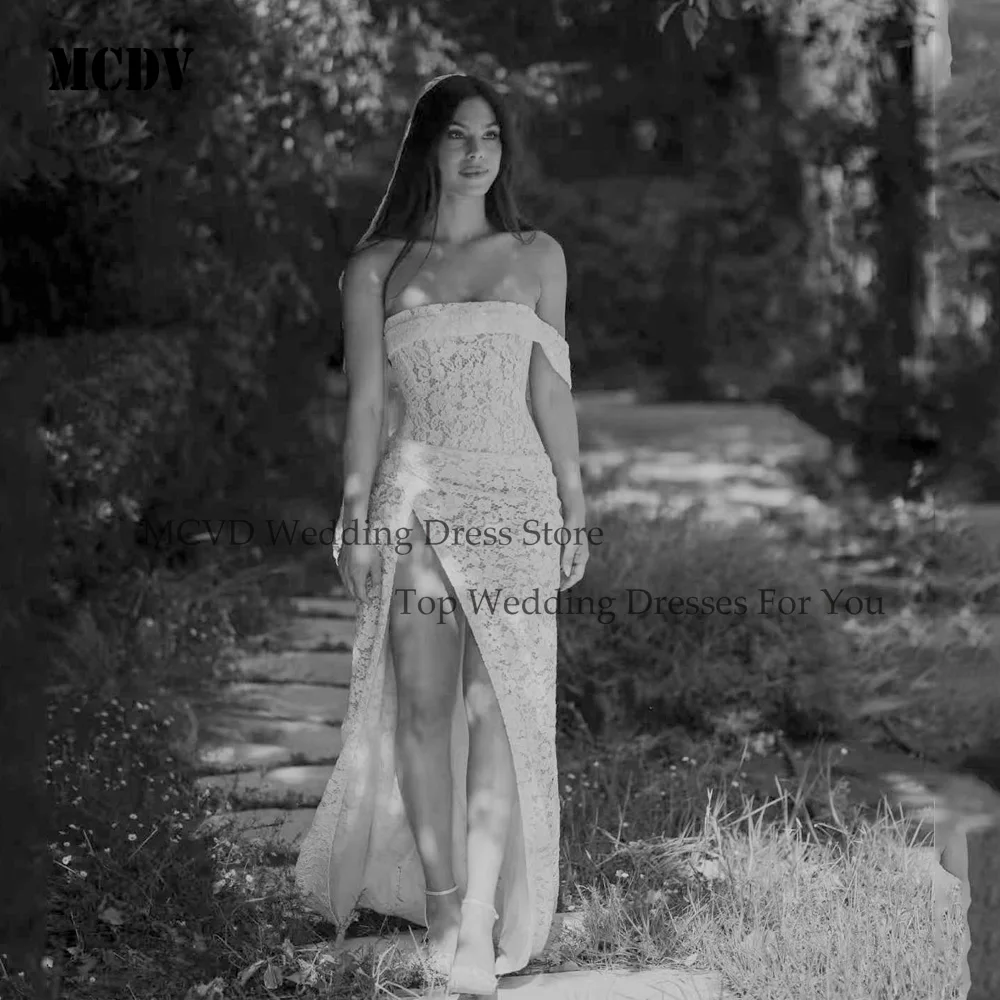 

MCDV One Shoulder Lace Civil Wedding Dresses Strapless Mermaid Applique High Split Sexy Bride Gowns Sweep Train Customized
