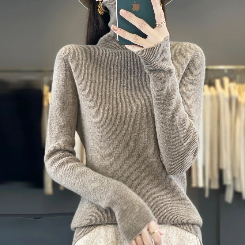 Fall/Winter Turtleneck Long-sleeved Pullover 100% Merino Wool Tight Sweater Basic Women's Clothes Solid Color Knit Top