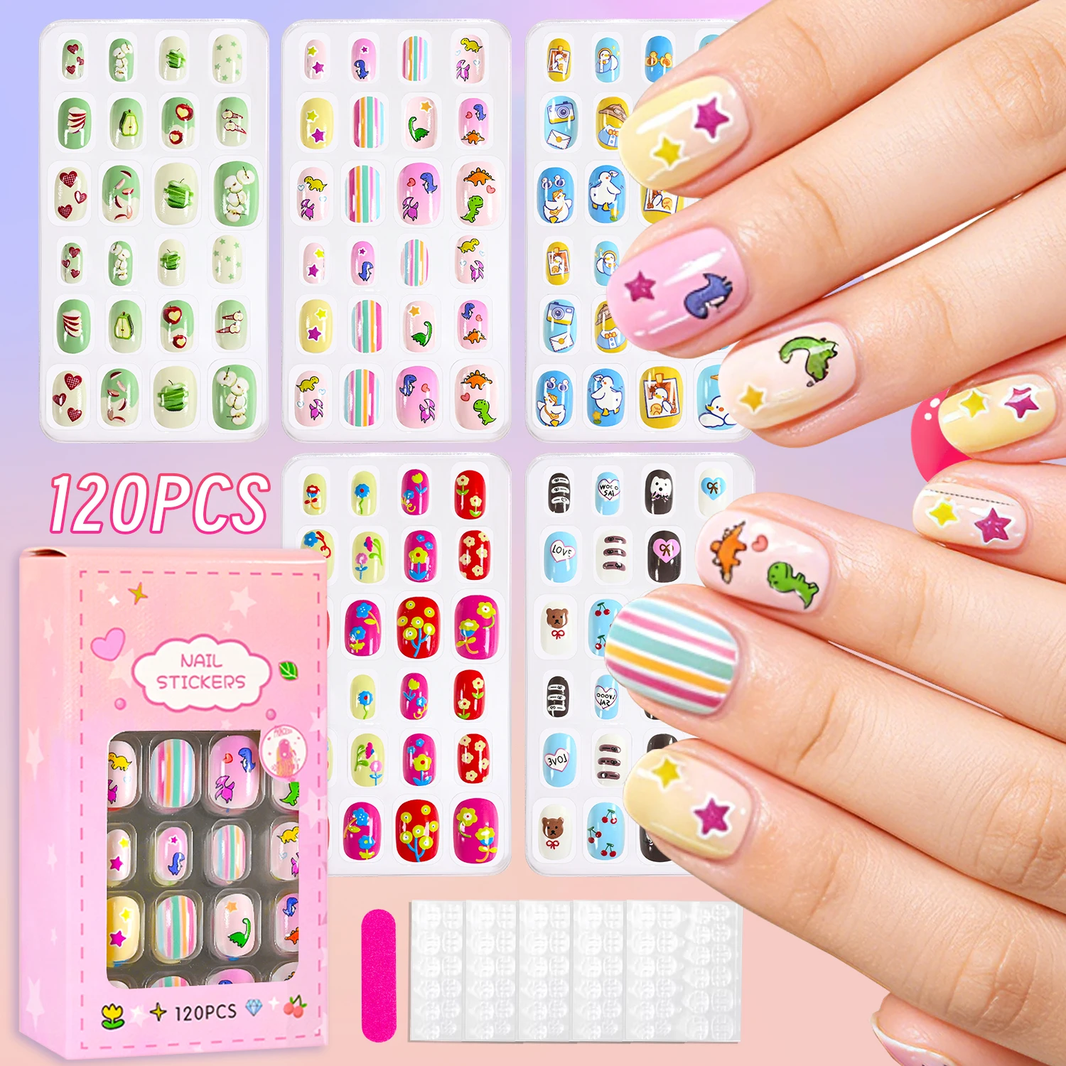 120個 5セット キャンディーキッズプレスオンネイル 子供用カラフルな 