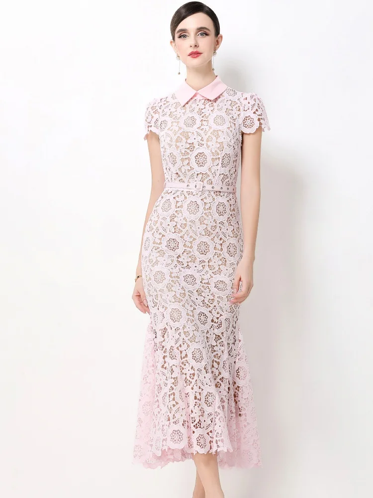 New Autumn Elegant Small Fragrance Style Slimming Waist Long Dress Women's Lace Hollow Out Short Sleeved Trumpet Mermaid Dresses