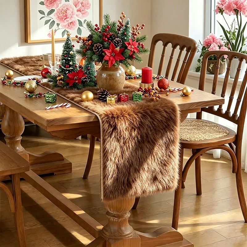 Plush Table Runner Brown Chocolate Faux Fur Fleece for Dining Table Christmas Non Slip Backing Machine Washable Gift