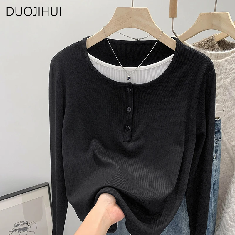 DUOJIHUI Contrast Color Fake Two Piece Loose Women T-shirts Autumn Basic Long Sleeve Chicly O-neck Simple Casual Female T-shirts