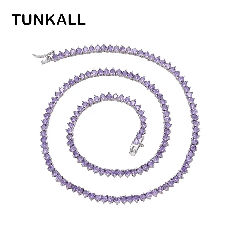 Collar de cadena de tenis de circonia cúbica púrpura de 3 puntas de latón, joyería para mujer, regalo de fiesta, BC105