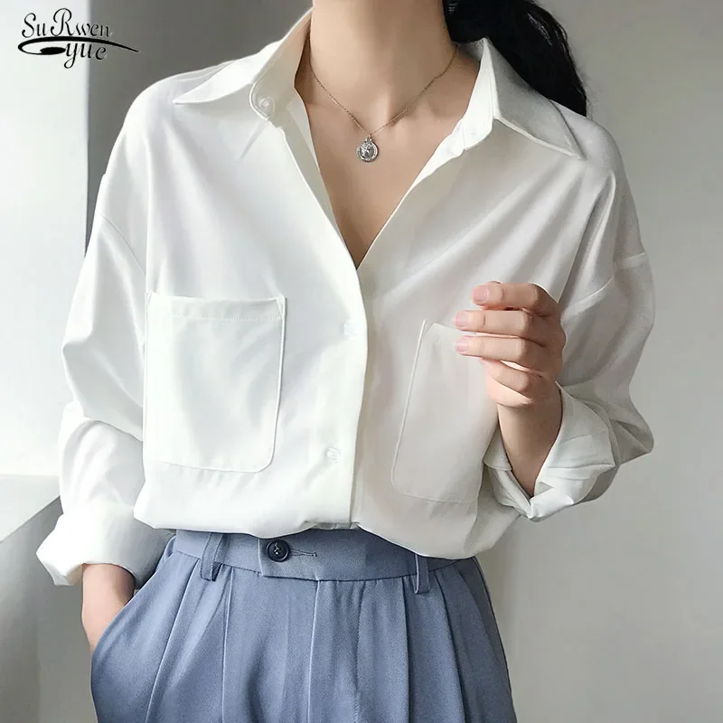 

OL Style White Shirts for Women Turn-down Collar Pockets Women Blouse Tops Elegant Workwear Female Tops Autumn Blusa Femme 11296