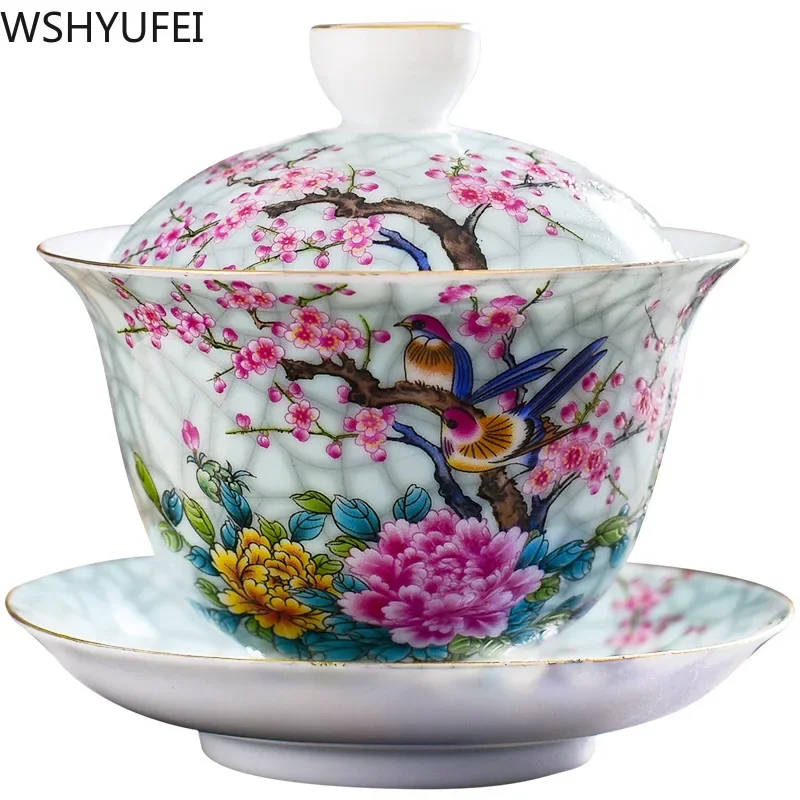 WSHYUFEI Jingdezhen Porcelain Art Bird Gaiwan Ceramic Flower Tea Bowl with Saucer Lid Kit Master Tea Tureen Drinkware Gift 180ml