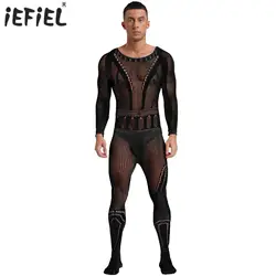 Mens Mesh Jumpsuit See-through Fishnet Bodystocking Hollow Out Long Sleeve Bodysuit Lingerie Exotic Sleepwear Nightwear Unitard