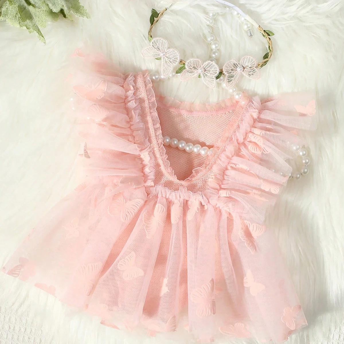 Ylsteed Newborn Girl Photoshoot Outfits Baby Girl Mesh Dress Romper with Headband One Hundred Days Infant Picture Outfits Props