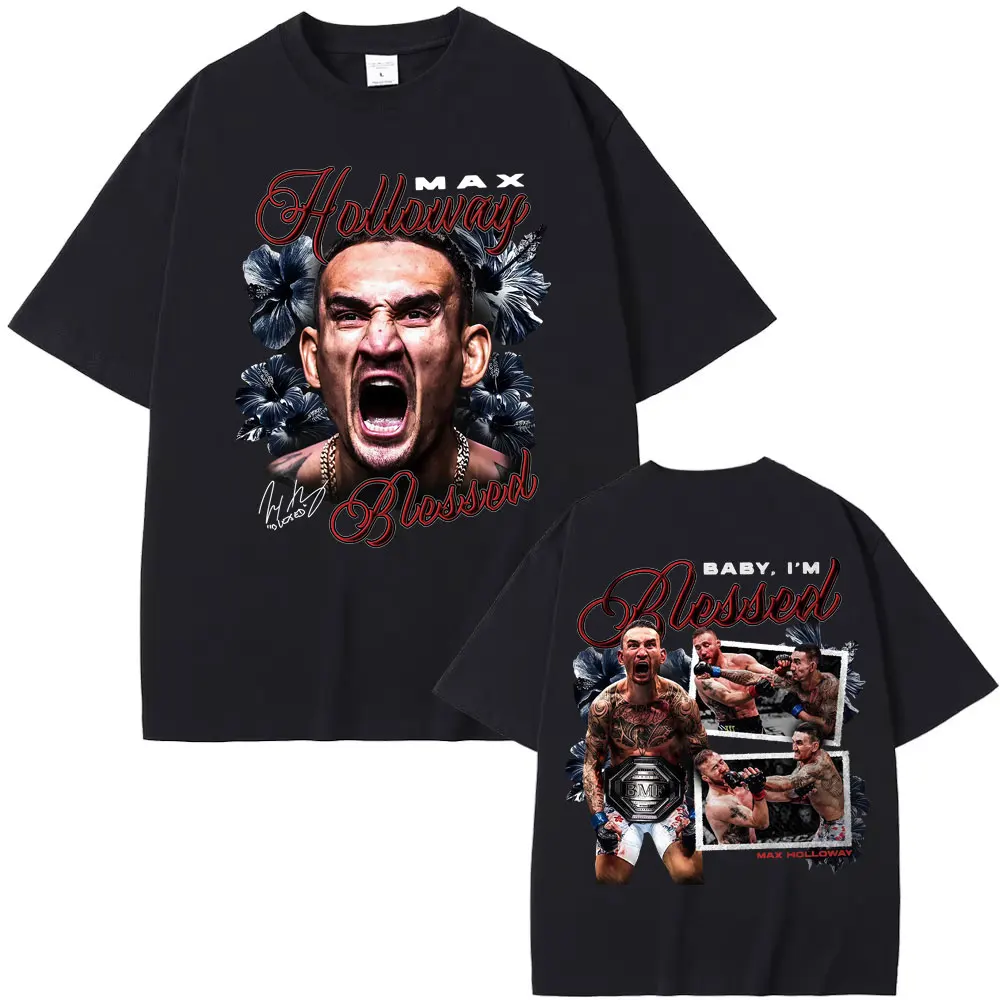 Limited Max Holloway Blessed Vintage Graphic T-shirts Men's Clothing Fashion Gothic Cool T-shirt Casual Cotton Oversized T Shirt