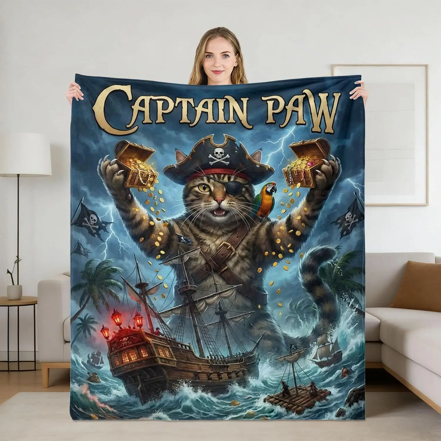 Funny Captain Paw Pirate Cat Throw Blanket Treasure Hunt Ocean Art Unique Gift Home Bedroom Decor Accessory
