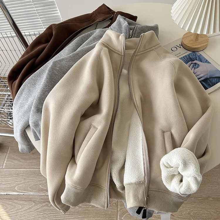 

Ladies Thiened Lamb Velvet Hooded Sweatirt Stand Collar Double Zipper Casual Sle Warm ort Coat Polyester Fiber