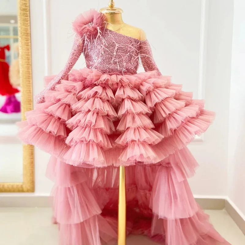 

Flower Girl Wedding Dresses Pink Girl One Shoulder Princess Dress Short Front and Long Back Beauty Pageant Ball Gowns Customized