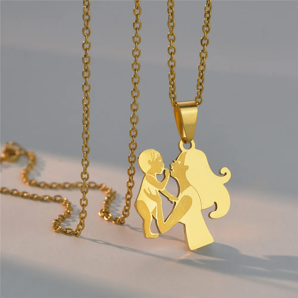 Custom Name New Fashion Stainless Steel Warm Family Mother Holding Son Pendant Necklace Stainless Steel Accessory Mother's Gift