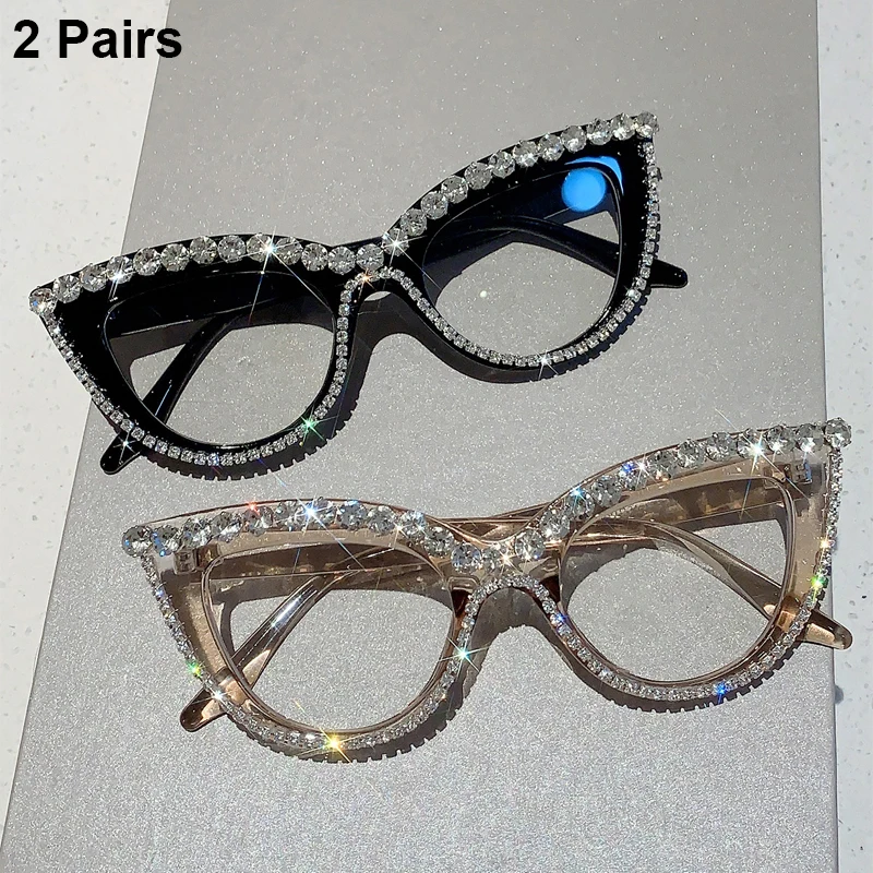 2 Paar Vintage-Cat-Eye-Brillen mit Strasssteinen für Damen, stilvoll, blaues Licht blockierende optische Rahmen, trendiges Design, Dekor-Brillen