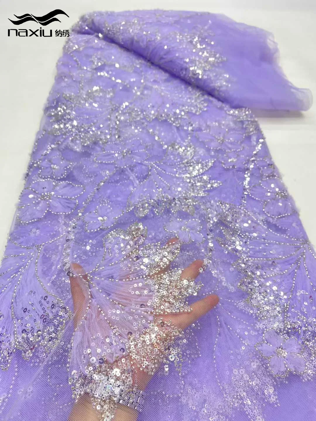 Madison Pink 5 Yards High-end Beaded Fabric Latest African Luxury Sequins Groom Embroidery Fabric French Tulle Lace For Sewing