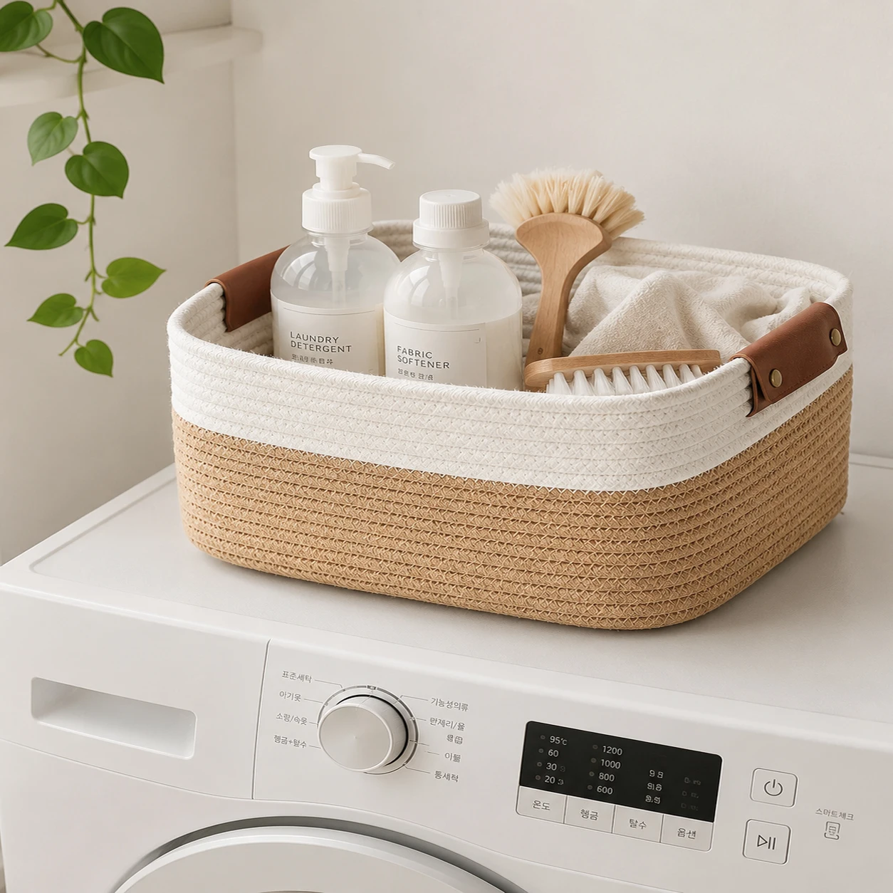 Woven Rope Laundry Basket with Leather Handles, Laundry Room Storage Bin for Detergent & Fabric Softener, Bathroom Organizer