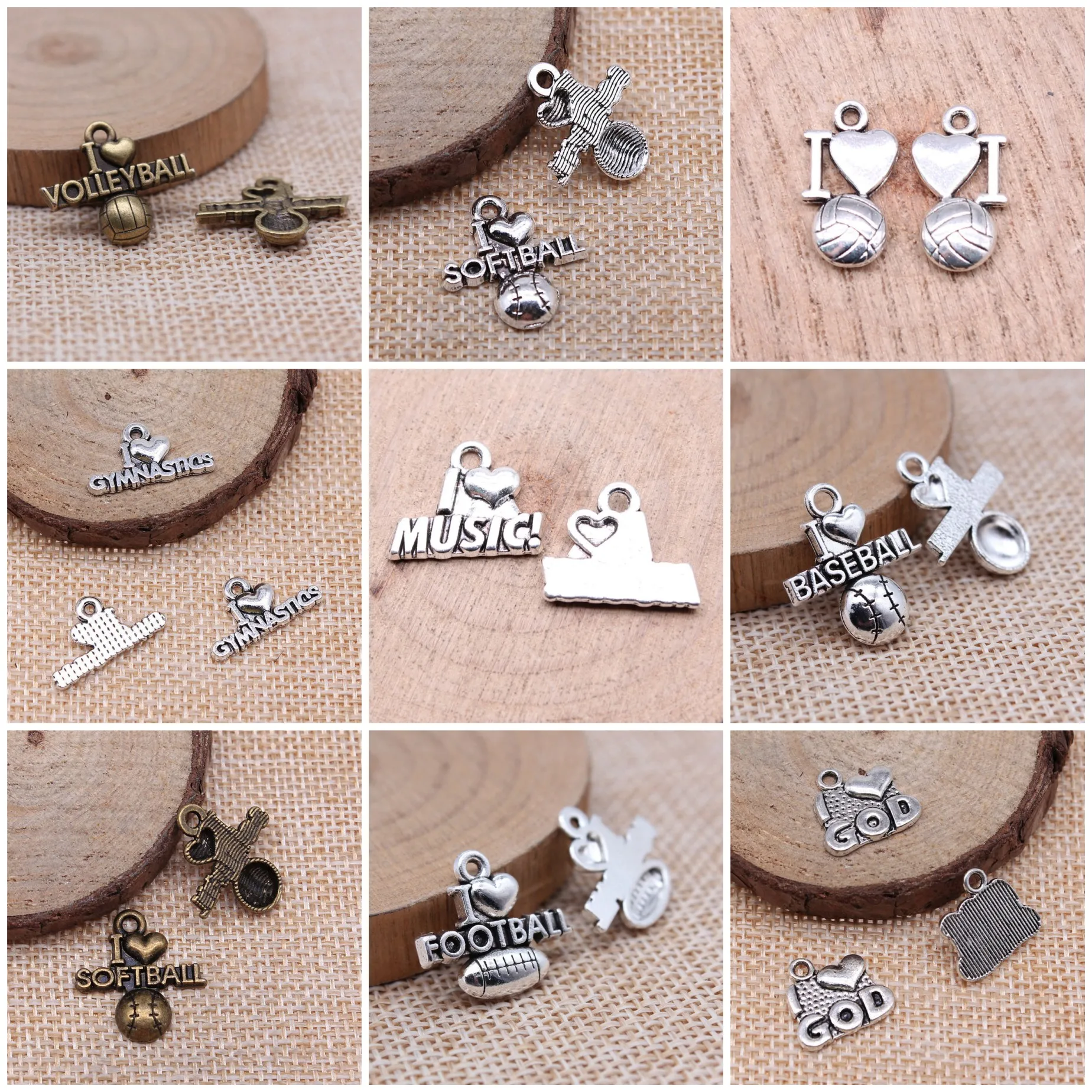 Vintage I Love Football Series Engraved Tag Charms Pendant Sports For Jewelry Making Bracelet Necklace Craft Bulk