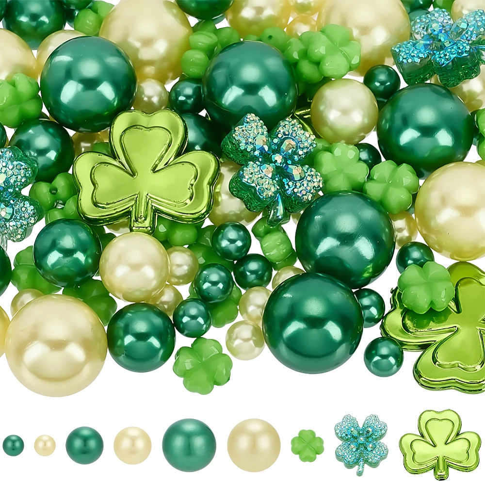122Pcs 9 Styles St. Patrick's Day Vase Filler Green Pearls No Hole Plastic Pearls Shamrocks Ornament Lucky Floating Vase Fillers