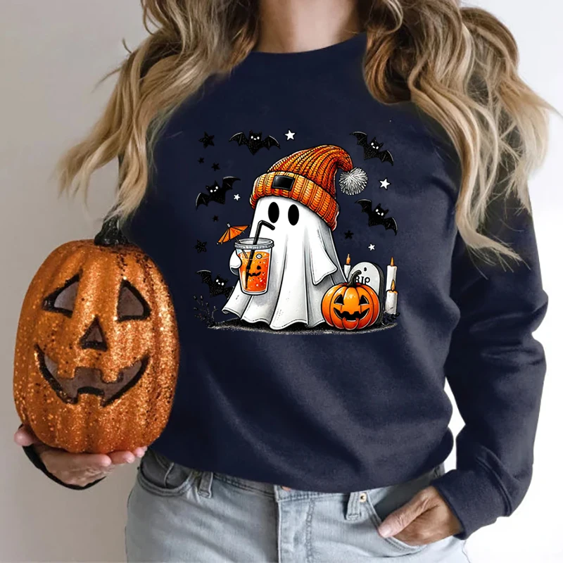 New Women\'s Sweatshirt Halloween Ghost Pumpkin Bat Print Round Neck Pullovers Ladies Autumn Winter Casual Halloween Sweatshirt