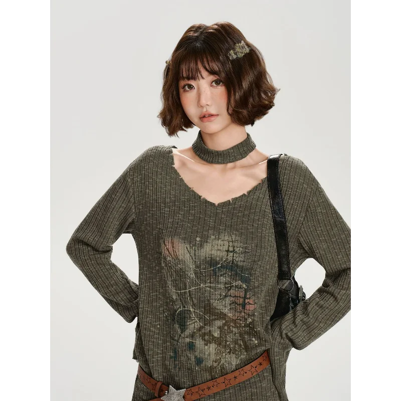 

Женская осенняя футболка с длинными рукавами и свободным принтом в стиле ретро для девочек, новый свободный топ для похудения