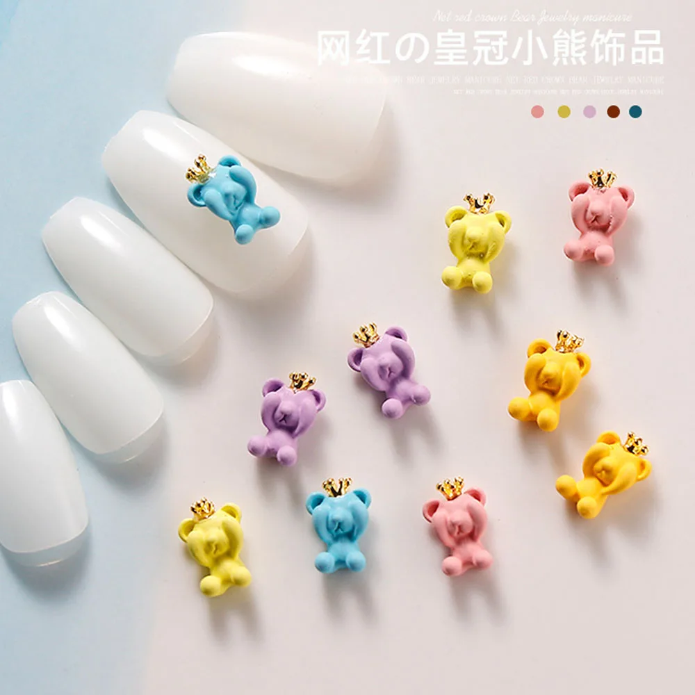 10pcs Kawaii 10.5*6.5cm Bear Nail Charms 3D Katoon Candy Color Macaron Nail Decoration Bear with Cute Crown Nail DIY Parts