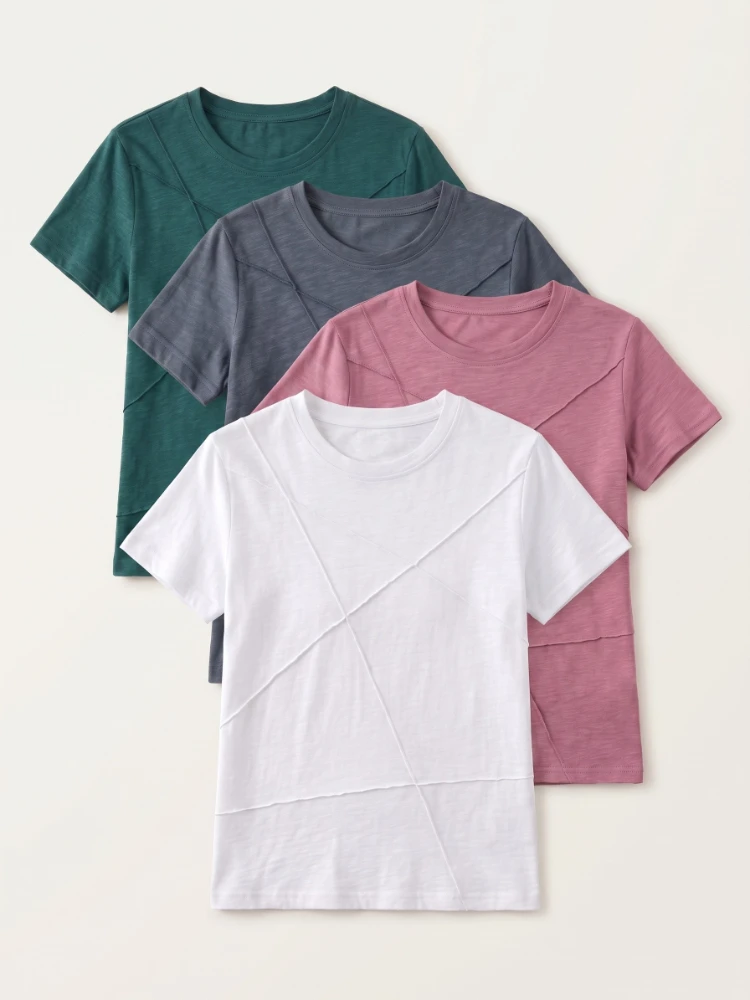 Korean Fashion O-Neck Short Sleeve Ribbed T Shirt 2026 Spring Summer Slim Bamboo Cotton Women T-Shirts Female Casual Solid Tops