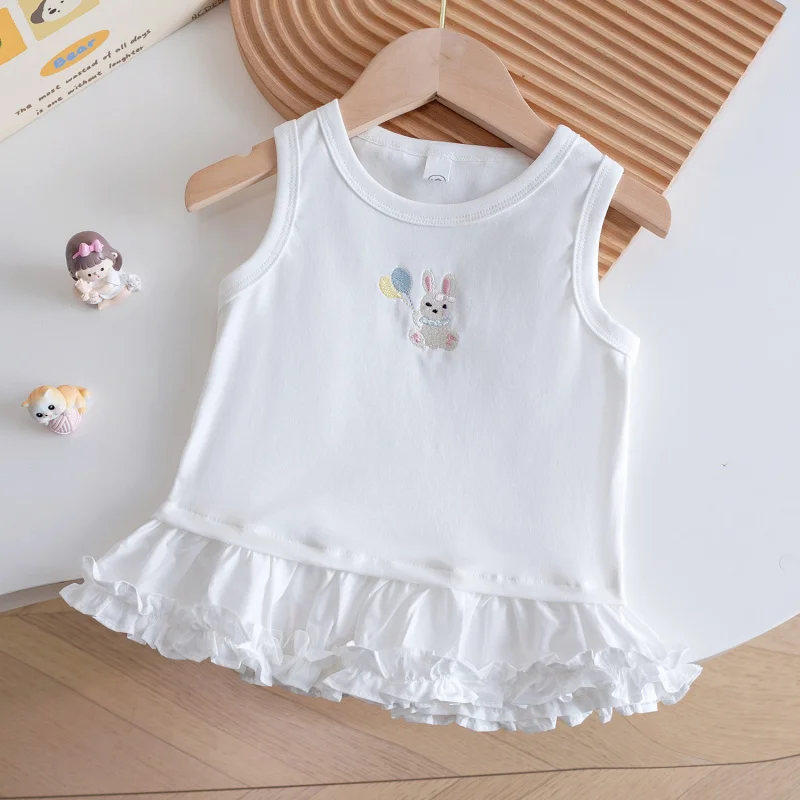 

Cute Short Sleeve for Baby GirlsTTrendy White Rabbit Ear Sleeveless Lace Sweet Top Summer New Half Sleeve