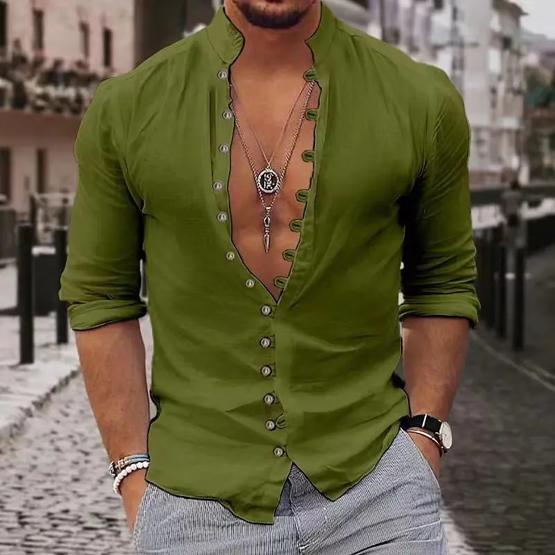 Camicia casual da uomo primaverile ed estiva Moda retrò 2025 Canapa Multi-bottone Stand Abbigliamento da uomo musulmano Cardigan a maniche lunghe da strada