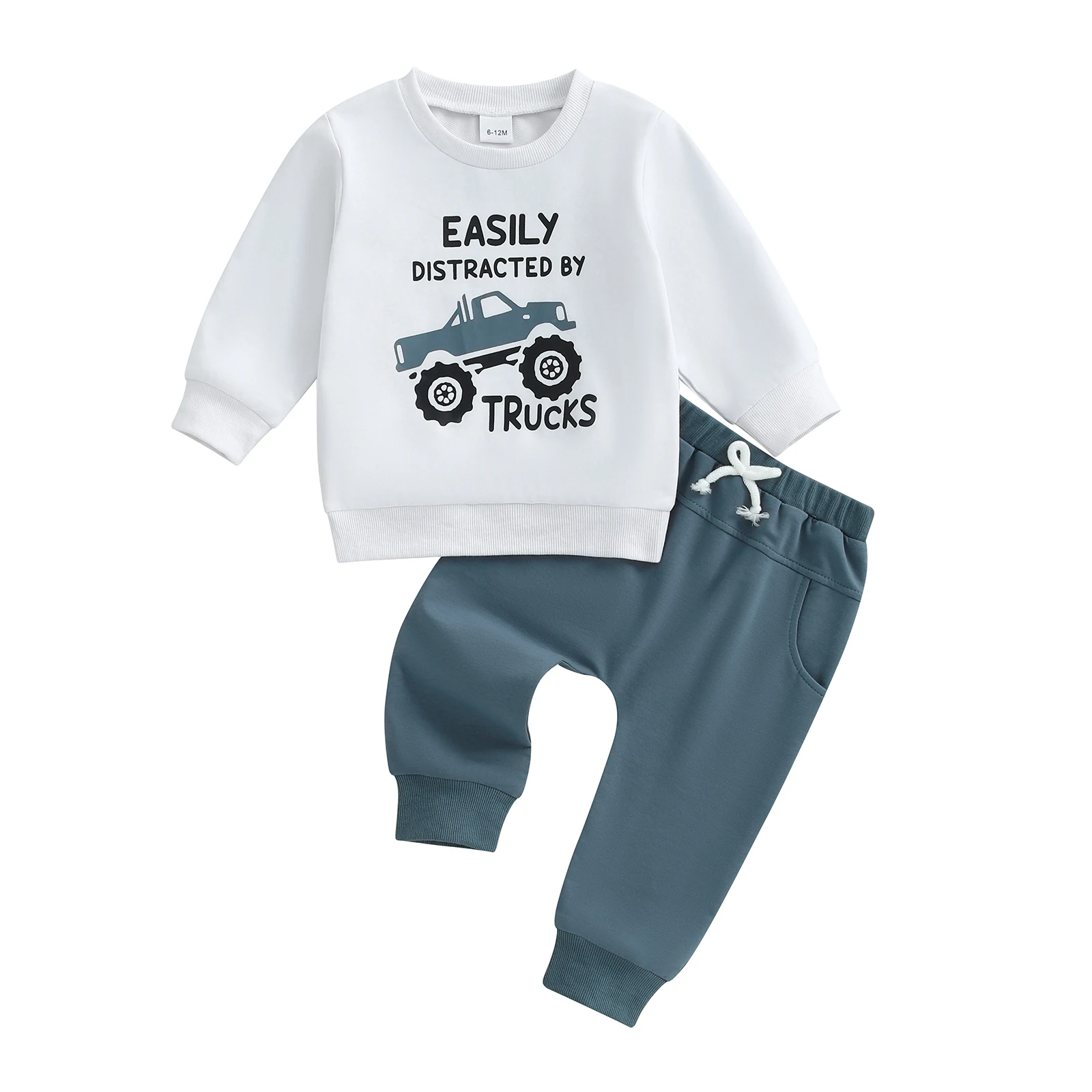 Toddler Baby Boys Fall Set Truck and Letter Pattern Long Sleeve Round Neck Pullover Elastic Waist Bow Pants 2 Pcs Outfits 6M-5T