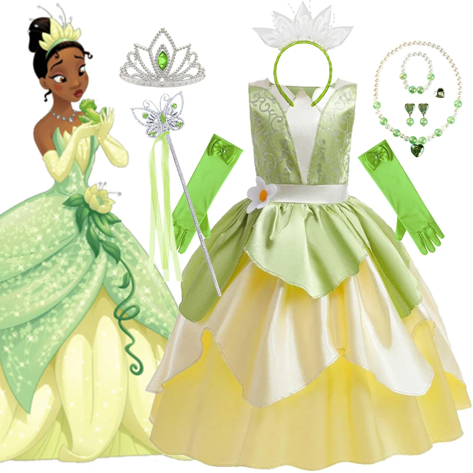 

Princess Tiana Dress Girls Disney The Princess And The Frog Cartoon Cosplay Costume Halloween Party Costume Kid Green Fairy Sets