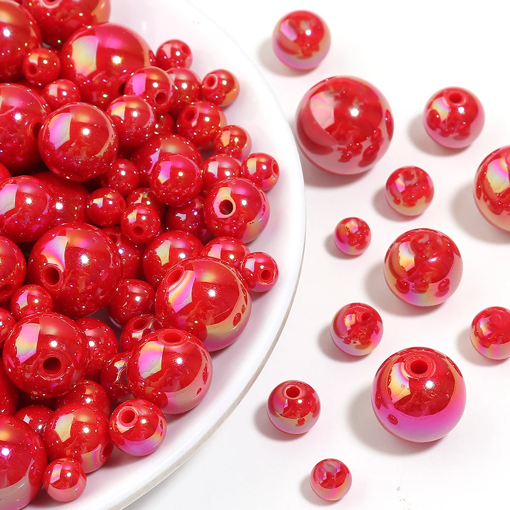 20-200pcs UV Plated Acrylic Round Beads Chrismas Red Green Loose Spacer Bead For Jewelry Making DIY Necklace Bracelet