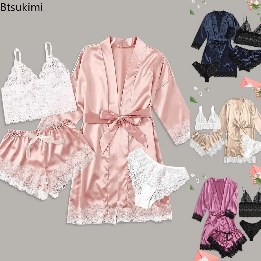 

Women's Clothing Sexy Pajamas Four Piece Sets Plus Size Nightgown Fashion Lace Sling Charm Temptation Comfortable Homewear Suit