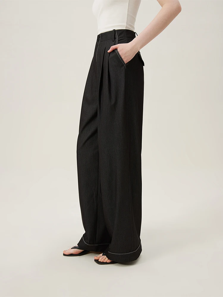 FSLE Women Long Trousers High Waist Black Wide Leg Trouser Pleated Design Female Summer Solid Full Length Loose Pants 24FS18001