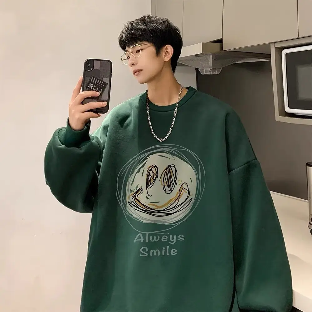 인스 트렌디 홍콩 스타일 빈티지 루즈핏 라운드넥 맨투맨, 그래피티 웃는 얼굴 프린트 캐주얼 플러스 사이즈, 긴팔