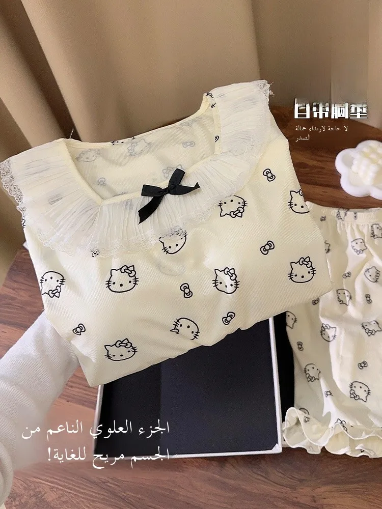 

Cute KT Summer Spwear Women's Ice Silk Home Clothes Set with Chest Pad Princ Sle Thin Tead ort Sve Nightgown